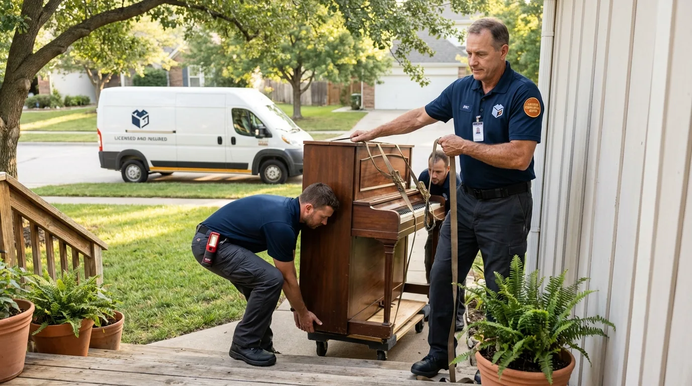 Licensed piano movers securing grand piano in Fountain, CO