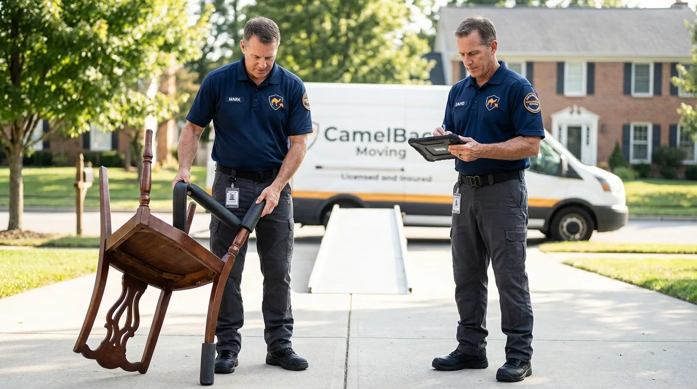 Movers inspecting furniture for damage prevention before loading in Fountain, CO
