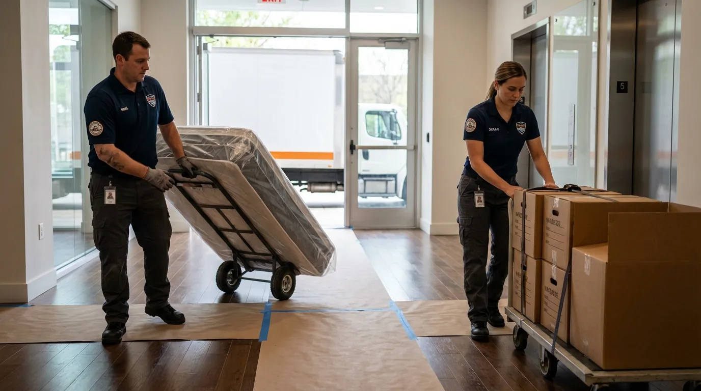 Professional apartment movers loading elevator in Fountain, CO